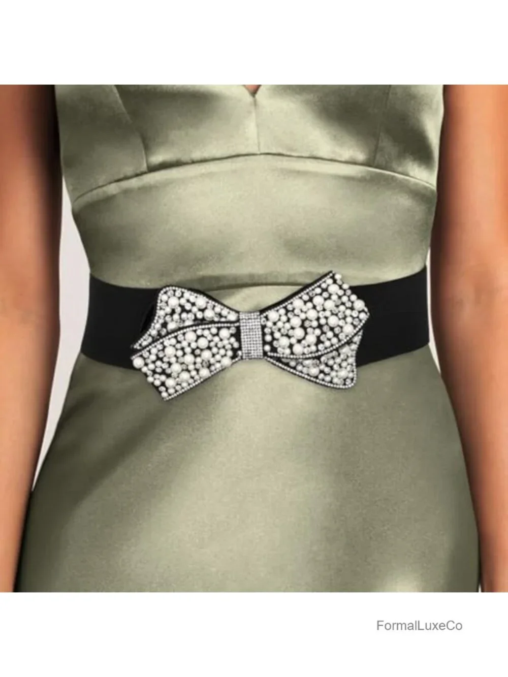 Elastic Pearl Belt Women Rhinestone Bow Tie Stretch Wide Waist Belt for Dress